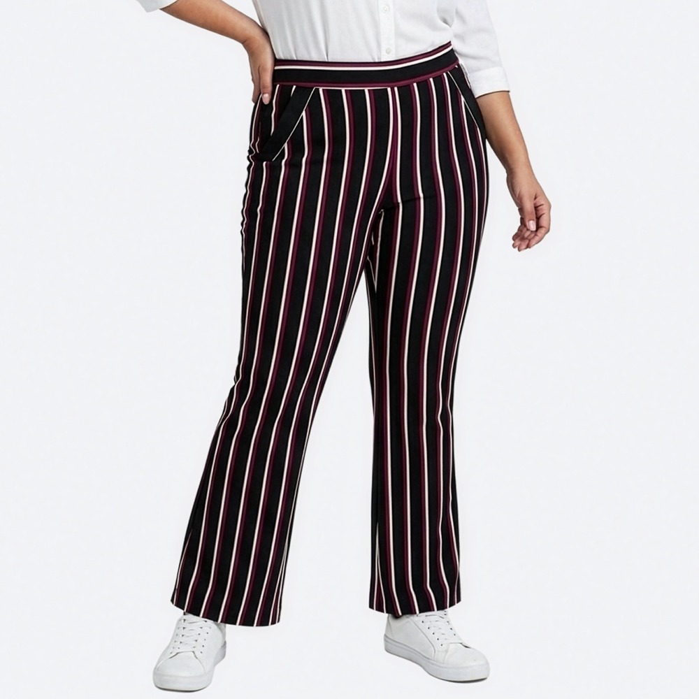 INC Striped Flare Pants Black Burgundy Plus 1X XL 14 Tall Friendly Office Chic